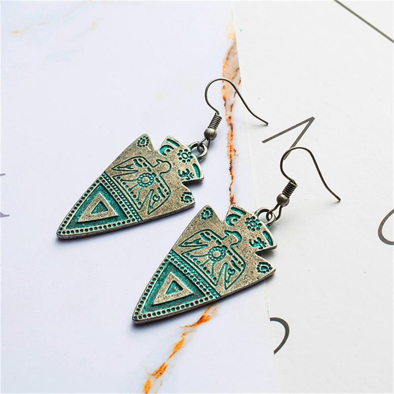 Triangle Totem Bohemian Statement Exaggerated antique Green metal Earrings