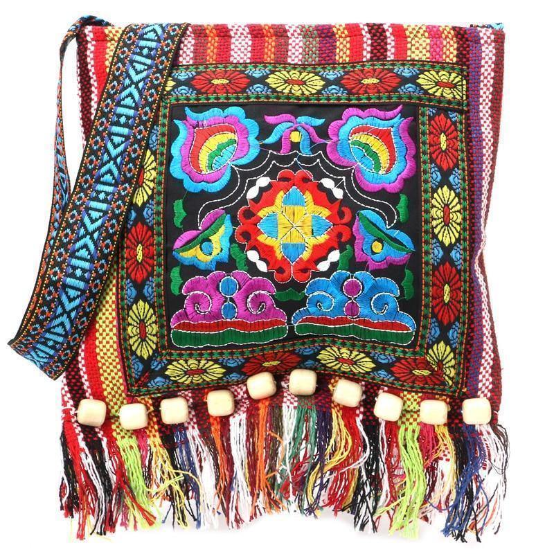 Linen Thai Embroidery Totes Shoulder Tassels National Tibet Floral Soft Bags - hiblings