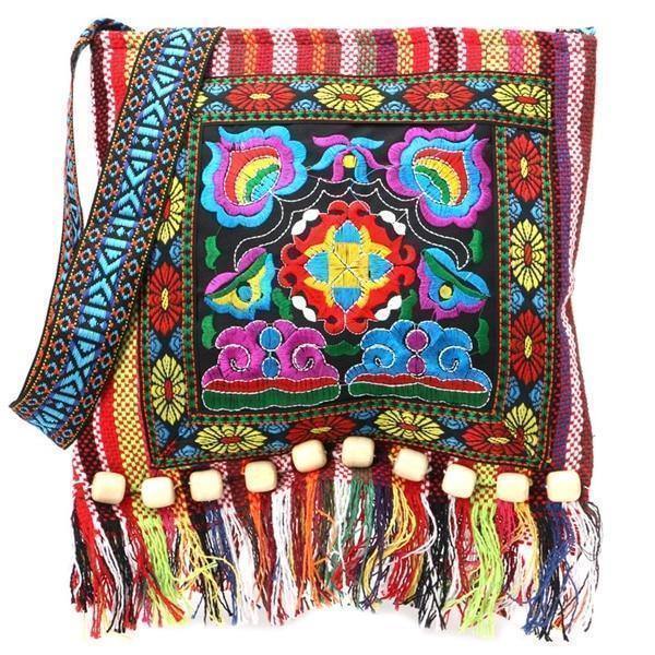 Linen Thai Embroidery Totes Shoulder Tassels National Tibet Floral Soft Bags - hiblings