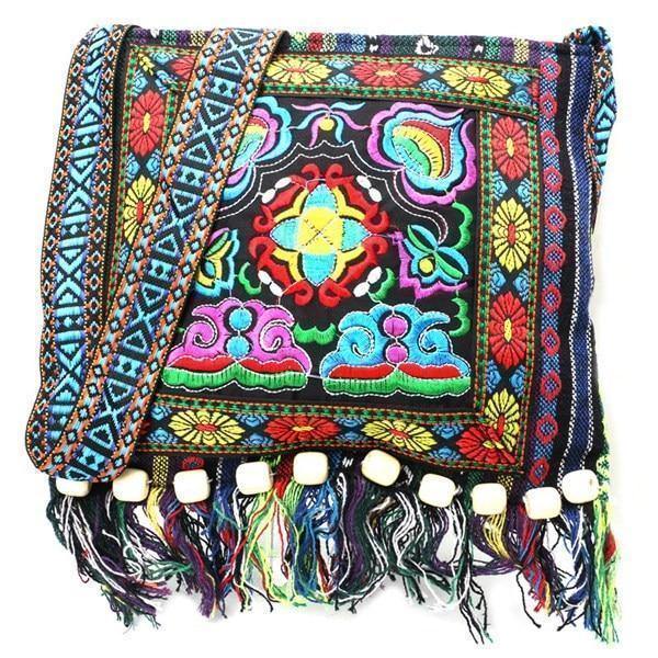 Linen Thai Embroidery Totes Shoulder Tassels National Tibet Floral Soft Bags - hiblings