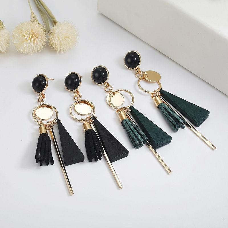Personality triangle geometric wood Retro tassel earrings