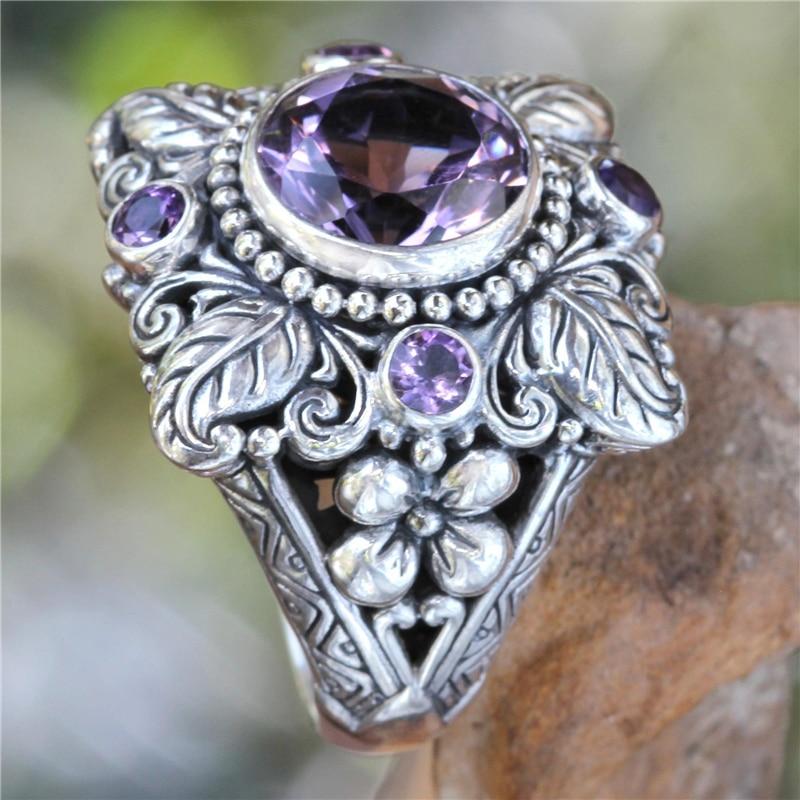 Vintage Boho Flower Purple Crystal Finger Ring Bohemian Jewelry