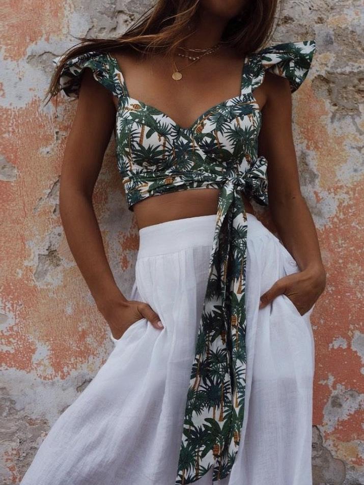 High Waist Swimwear Women Swimsuit Bikini Bandage Set Padded Bathing Suit Leaf Print