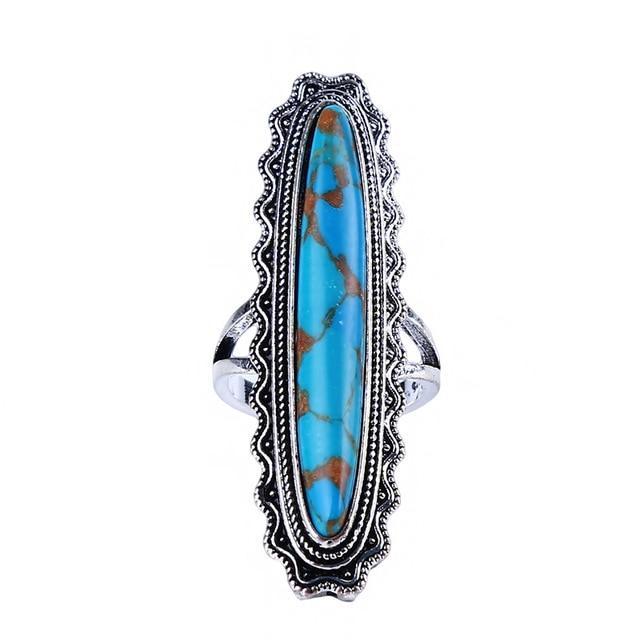 Vintage Look Tibet Alloy Antique Silver Plated Personality Green Oval Turquoise Ring