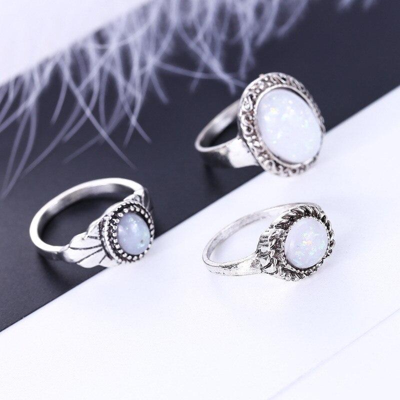 8PCS Oval Natural Stone Women Vintage Retro Color Rings