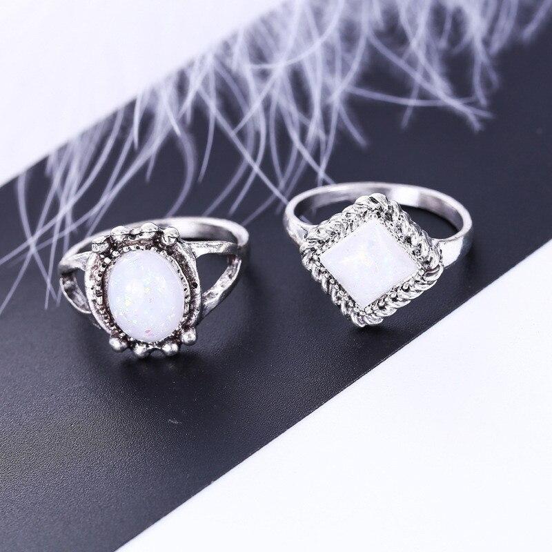 8PCS Oval Natural Stone Women Vintage Retro Color Rings