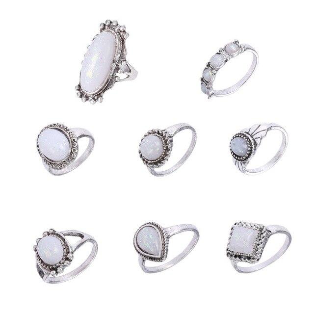 8PCS Oval Natural Stone Women Vintage Retro Color Rings