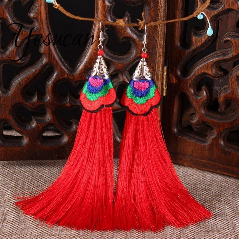 Ethnic Tibet Embroidery Long Tassel Drop Retro Bohemia Handmade Tassel Earrings - hiblings