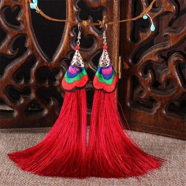 Ethnic Tibet Embroidery Long Tassel Drop Retro Bohemia Handmade Tassel Earrings - hiblings
