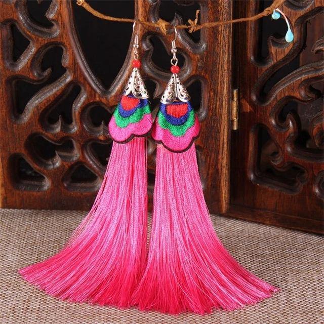 Ethnic Tibet Embroidery Long Tassel Drop Retro Bohemia Handmade Tassel Earrings - hiblings