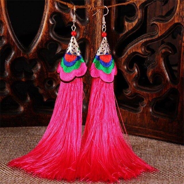 Ethnic Tibet Embroidery Long Tassel Drop Retro Bohemia Handmade Tassel Earrings - hiblings