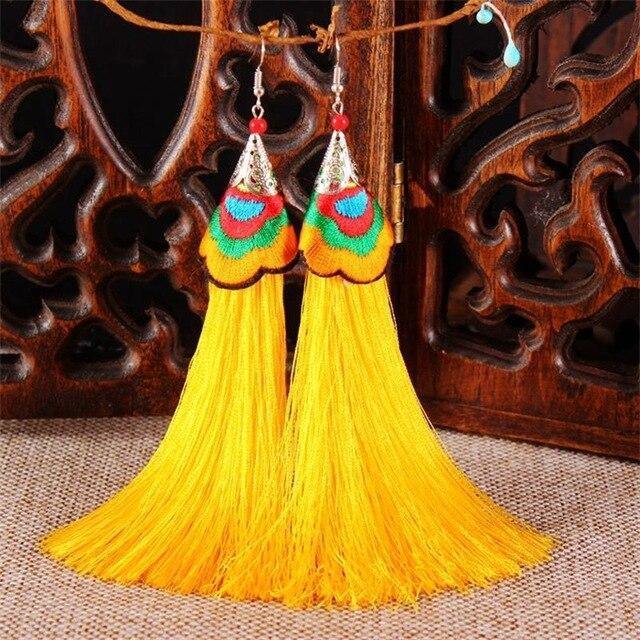 Ethnic Tibet Embroidery Long Tassel Drop Retro Bohemia Handmade Tassel Earrings - hiblings