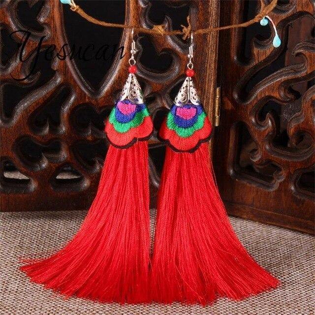 Ethnic Tibet Embroidery Long Tassel Drop Retro Bohemia Handmade Tassel Earrings - hiblings