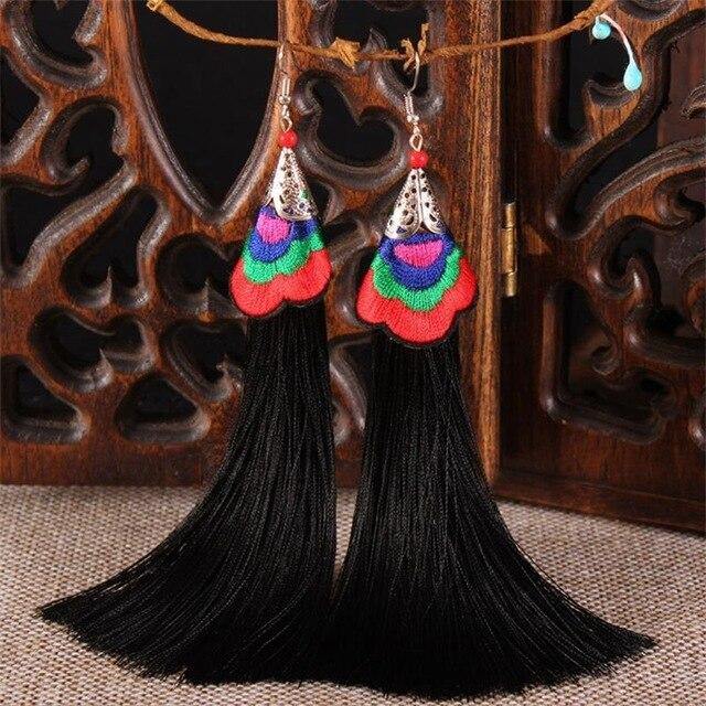 Ethnic Tibet Embroidery Long Tassel Drop Retro Bohemia Handmade Tassel Earrings - hiblings