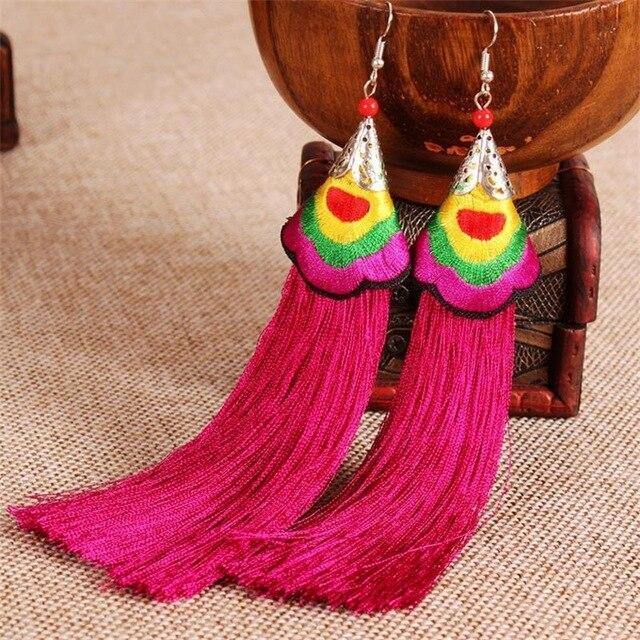 Ethnic Tibet Embroidery Long Tassel Drop Retro Bohemia Handmade Tassel Earrings - hiblings