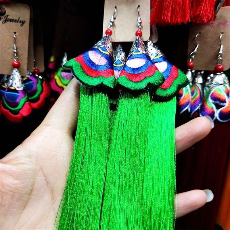 Ethnic Tibet Embroidery Long Tassel Drop Retro Bohemia Handmade Tassel Earrings - hiblings