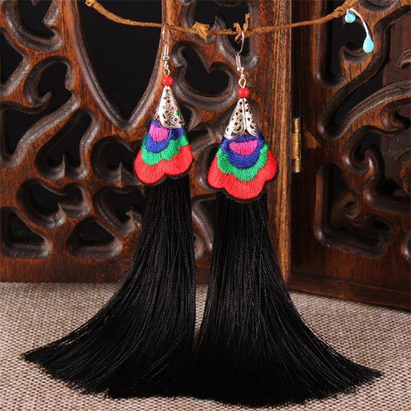 Ethnic Tibet Embroidery Long Tassel Drop Retro Bohemia Handmade Tassel Earrings - hiblings