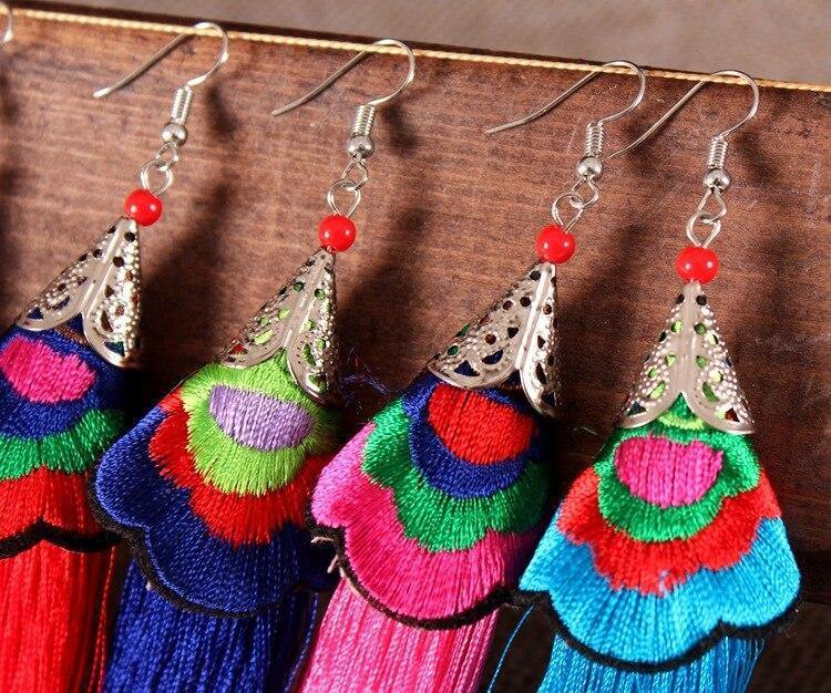 Ethnic Tibet Embroidery Long Tassel Drop Retro Bohemia Handmade Tassel Earrings - hiblings