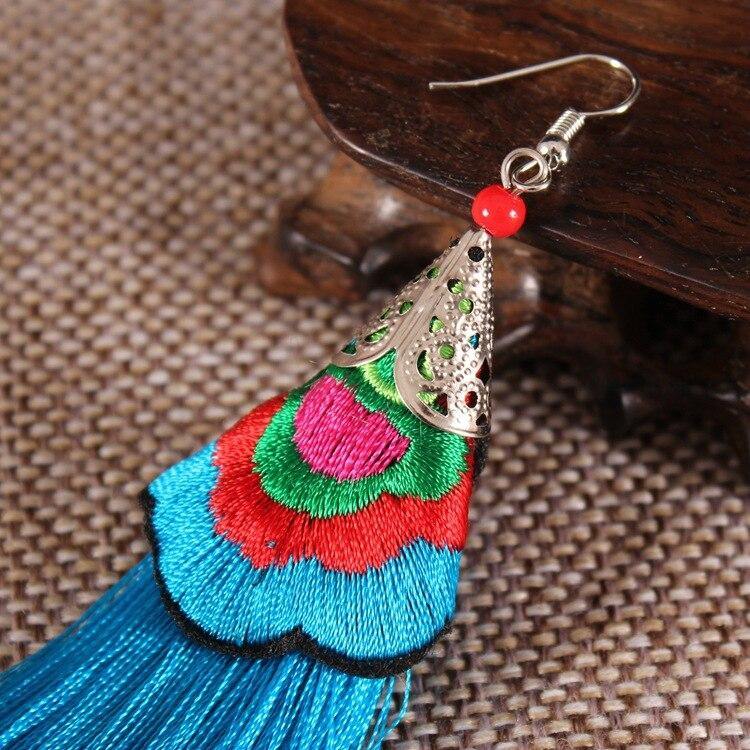 Ethnic Tibet Embroidery Long Tassel Drop Retro Bohemia Handmade Tassel Earrings - hiblings