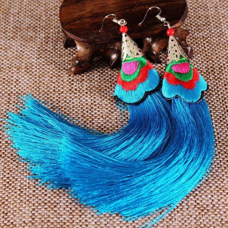 Ethnic Tibet Embroidery Long Tassel Drop Retro Bohemia Handmade Tassel Earrings - hiblings