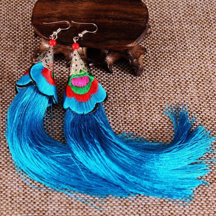 Ethnic Tibet Embroidery Long Tassel Drop Retro Bohemia Handmade Tassel Earrings - hiblings