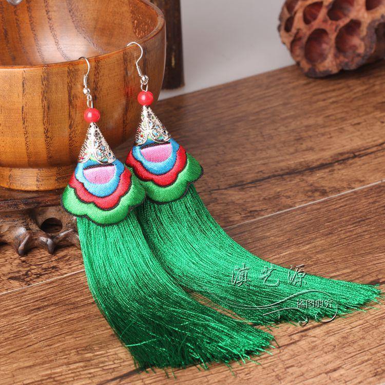 Ethnic Tibet Embroidery Long Tassel Drop Retro Bohemia Handmade Tassel Earrings - hiblings