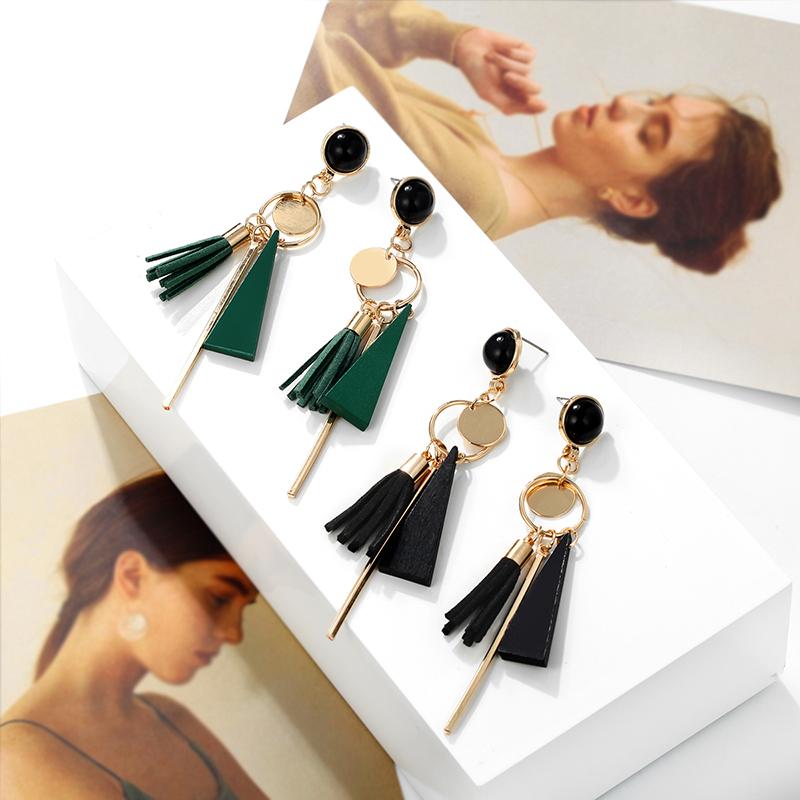 Personality triangle geometric wood Retro tassel earrings