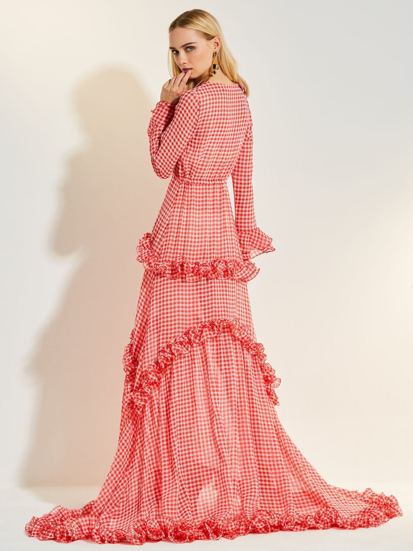 Ankle Length lace deep V-neck dress dragging evening dress