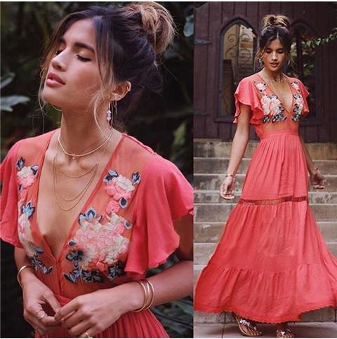 Bohemian High Waist Petal Sleeve Deep V Neck Maxi Dress