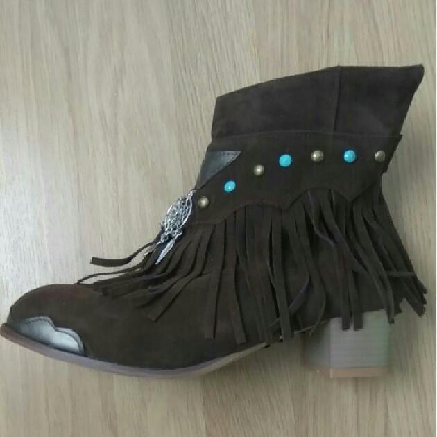 Women Ankle Boots Chunky Low Heels Ladies Vintage PU Leather Gladiator Tassels Shoes