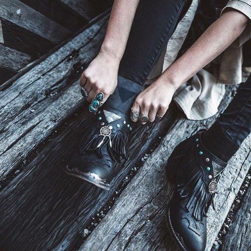 Women Ankle Boots Chunky Low Heels Ladies Vintage PU Leather Gladiator Tassels Shoes