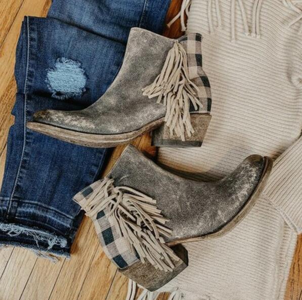 Women Ankle Boots Chunky Mid Heels Pumps Matin Vintage PU Tassel Shoes