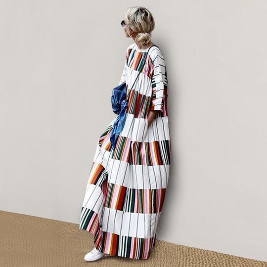 Round Neck Half Sleeve Color Block Casual Dress
