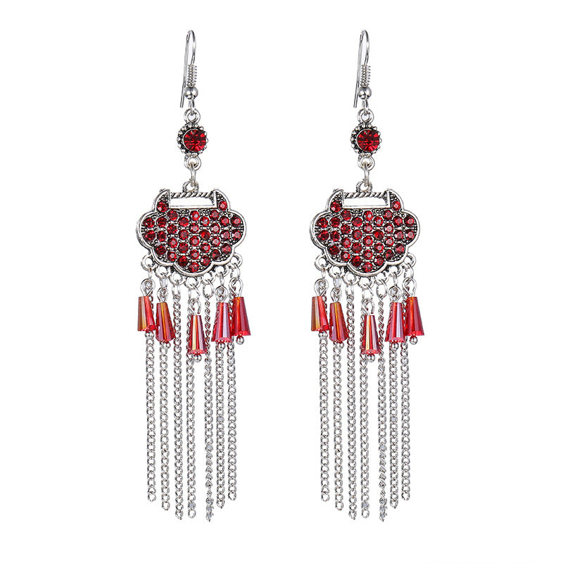 Creative Long Life Lock Retro Tassel Earrings Women's Full Diamond Long Style Temperament Earrings