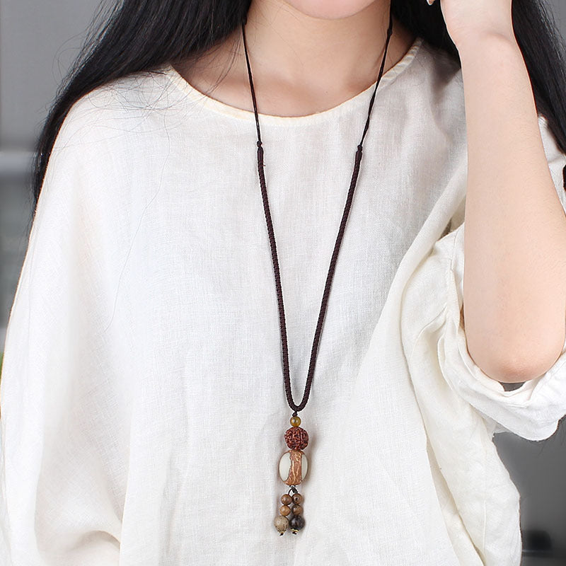 Simple Ethnic Bodhi Sweater Chain Joker Long Necklace Cotton and Linen Clothing Accessories