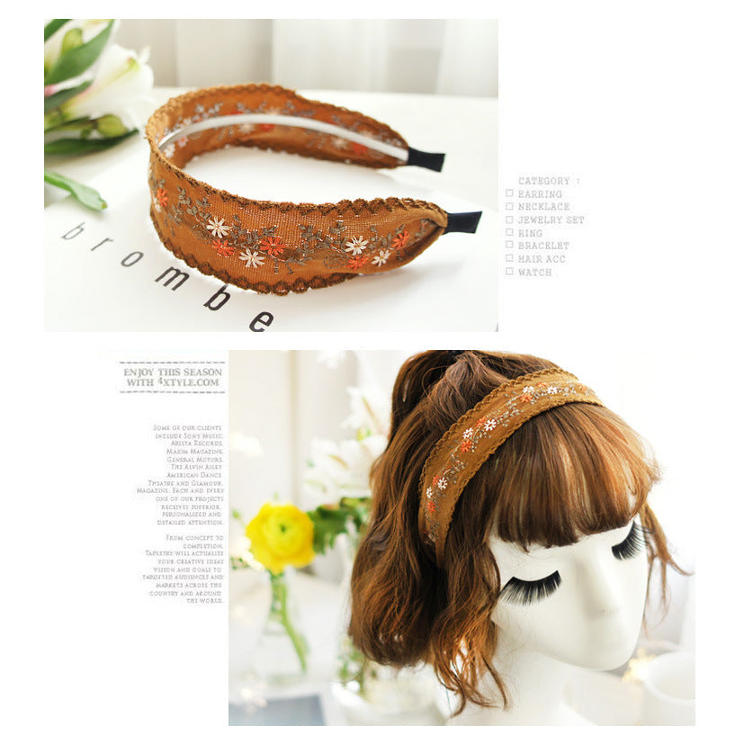 Fashionable Ethnic Style Embroidery Lace Headband Buckle, Rural Girl Style Suede Floral Fabric Headband Hair Accessories