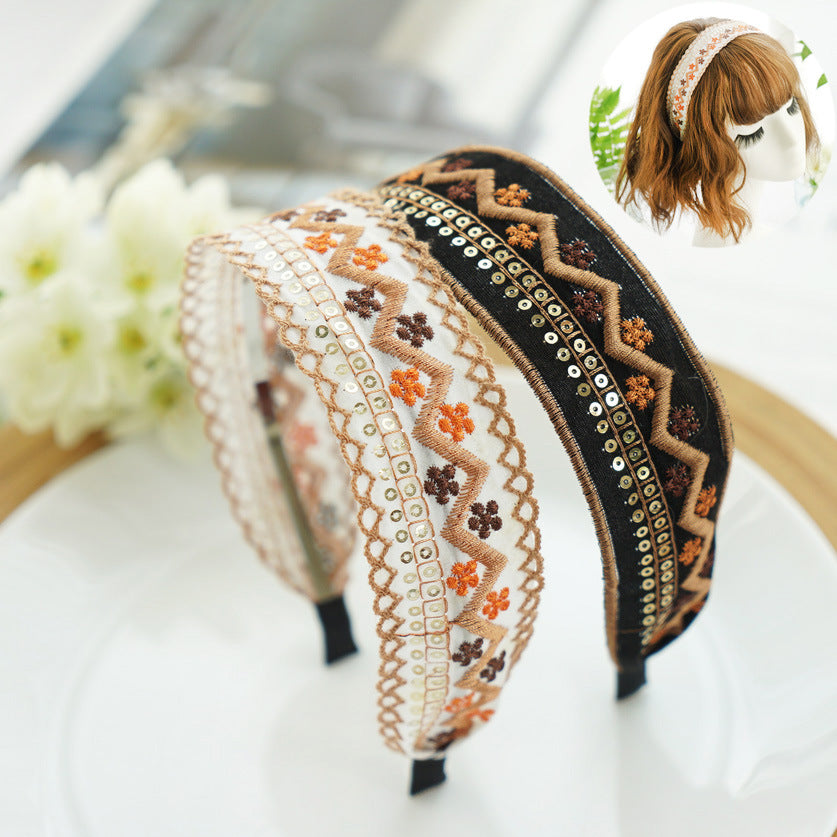 Fashionable Ethnic Style Embroidery Lace Headband Buckle, Rural Girl Style Suede Floral Fabric Headband Hair Accessories