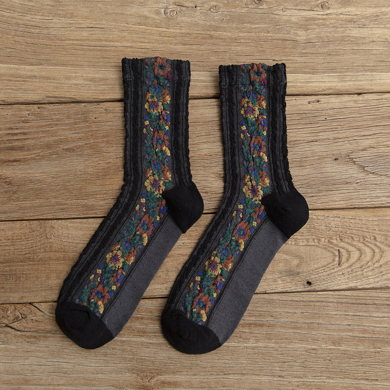 Twist Pattern Medium Tube Women's Literary Cotton Socks Ethnic Style Flower Dark Pattern Socks