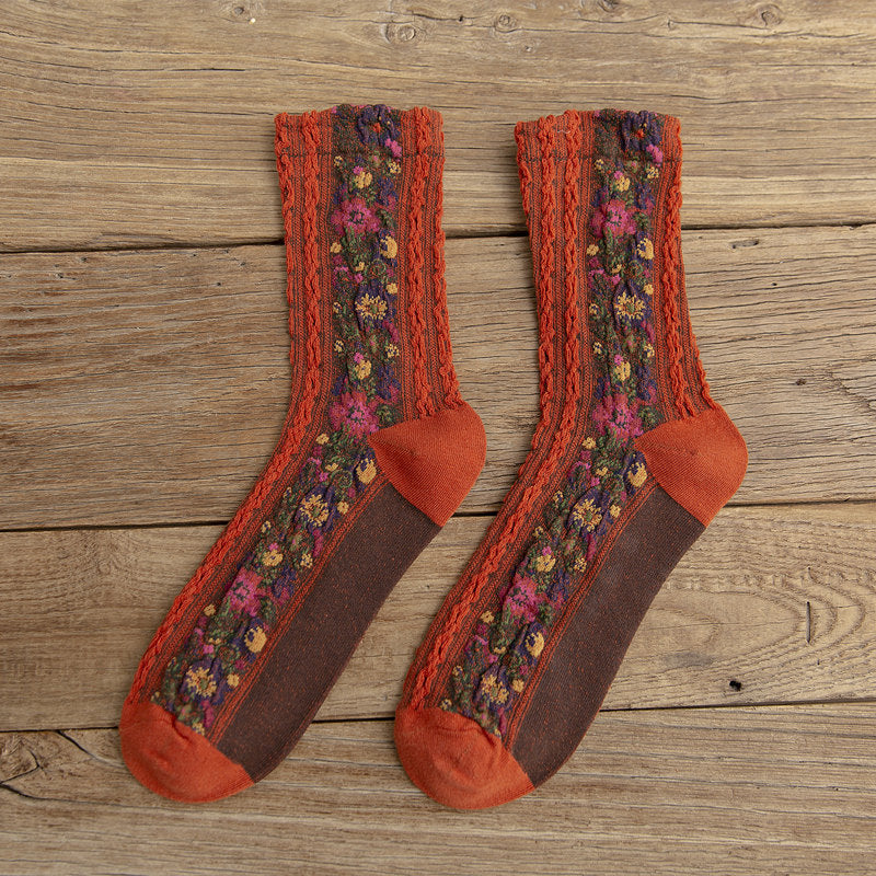 Twist Pattern Medium Tube Women's Literary Cotton Socks Ethnic Style Flower Dark Pattern Socks