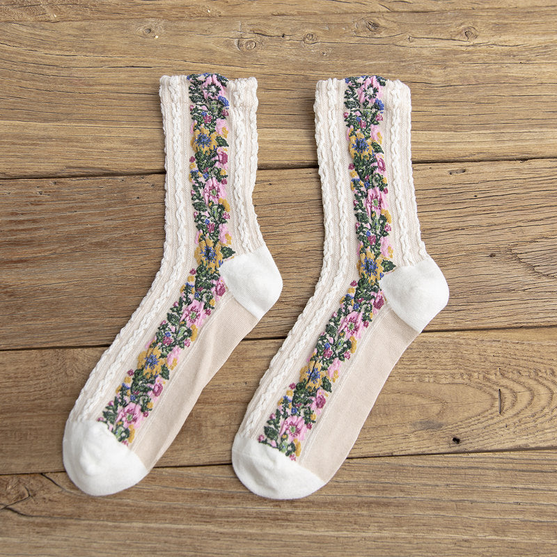 Twist Pattern Medium Tube Women's Literary Cotton Socks Ethnic Style Flower Dark Pattern Socks