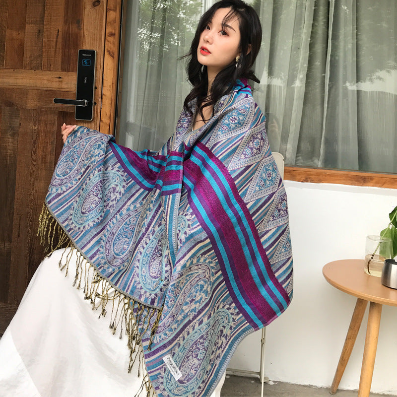 Ethnic Style Long Scarf Nepal Jacquard Fringed Cotton Ladies Shawl Scarf