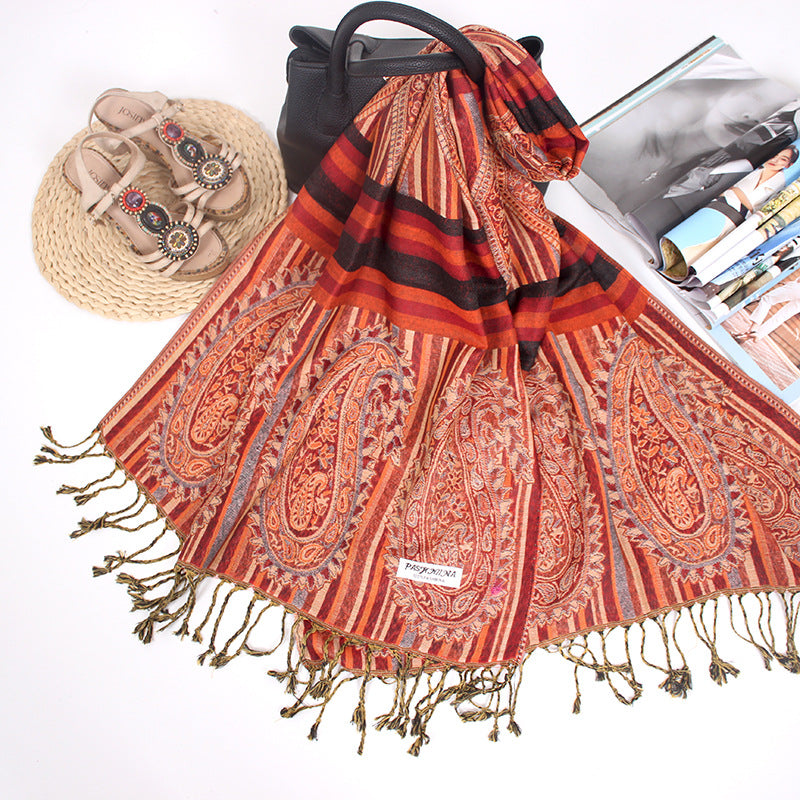 Ethnic Style Long Scarf Nepal Jacquard Fringed Cotton Ladies Shawl Scarf