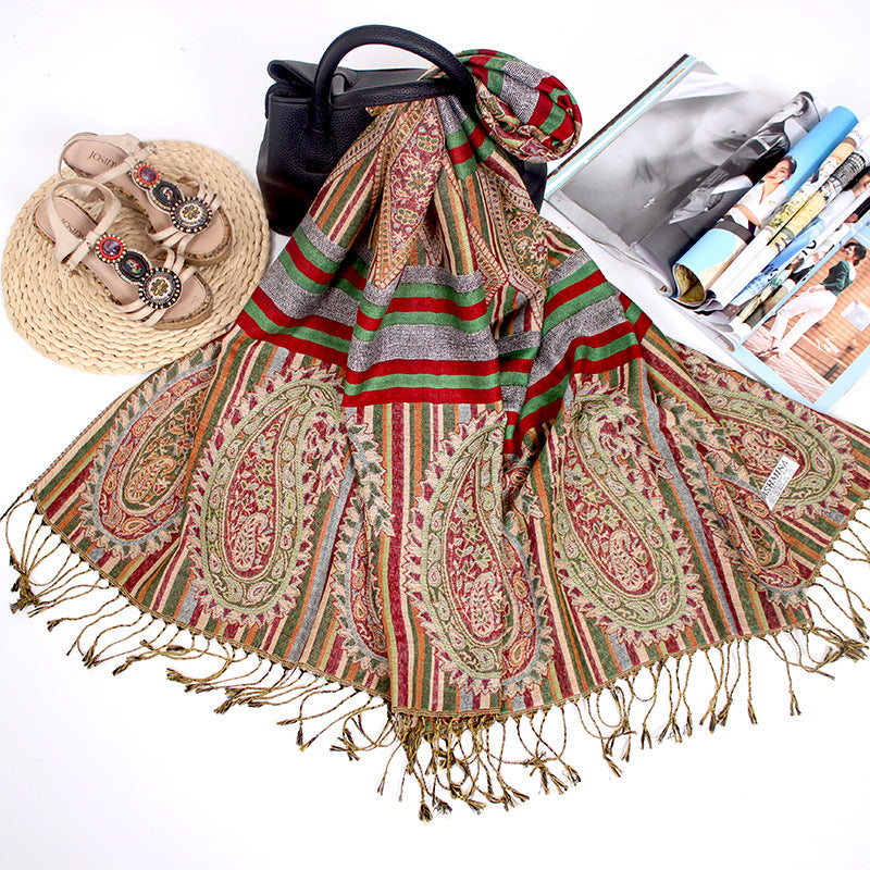 Ethnic Style Long Scarf Nepal Jacquard Fringed Cotton Ladies Shawl Scarf