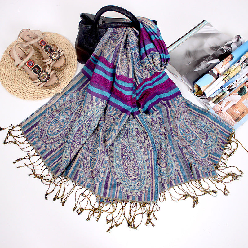 Ethnic Style Long Scarf Nepal Jacquard Fringed Cotton Ladies Shawl Scarf