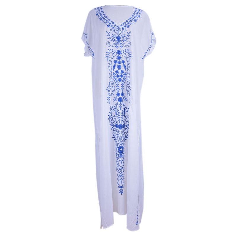 Artificial Cotton Embroidered Beach Cover Up, Long Robe Style Embroidered Dress, Beach Bikini Sun Protection Cover Up