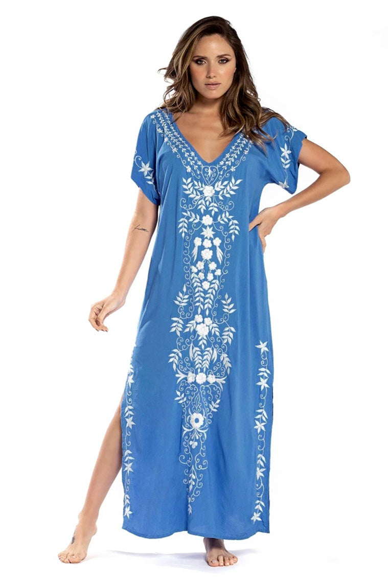 Artificial Cotton Embroidered Beach Cover Up, Long Robe Style Embroidered Dress, Beach Bikini Sun Protection Cover Up