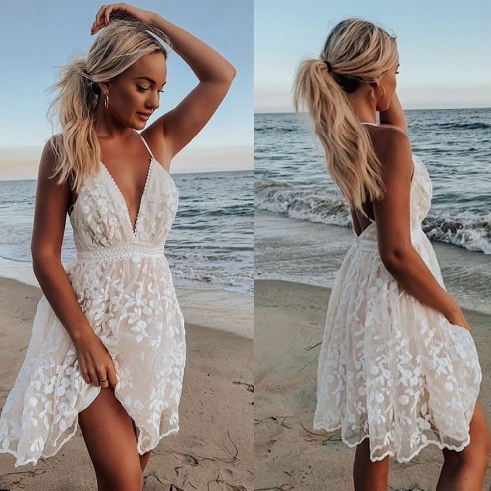 Women's Lace Long Skirt V-neck Backless Dress