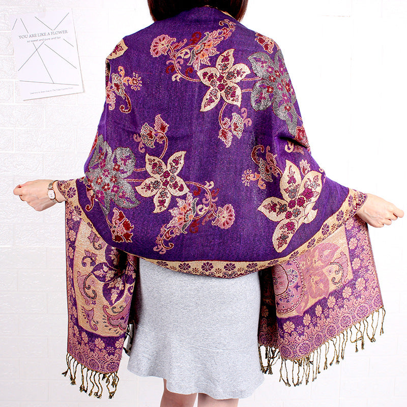 Ethnic Style Shawl Vintage Fringed Cheongsam Scarf Women's Purple Gold Flower Cashew Long Scarf