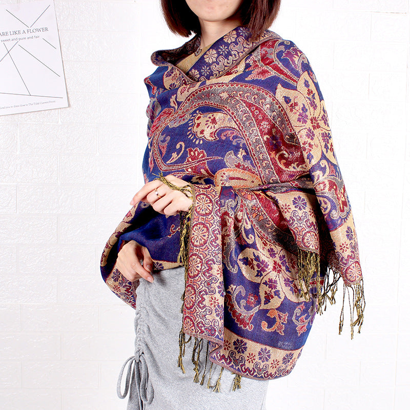 Ethnic Style Shawl Vintage Fringed Cheongsam Scarf Women's Purple Gold Flower Cashew Long Scarf