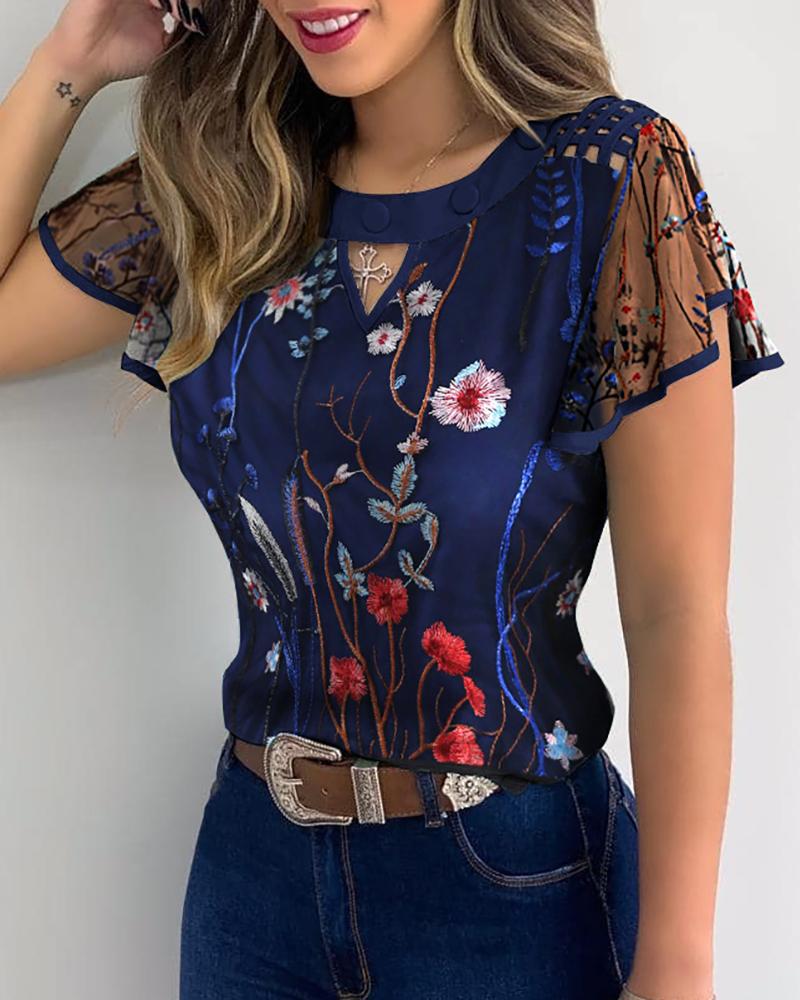 Popular Flower Embroidery Perspective Mesh Ruffle Sleeve Hollow Casual Top